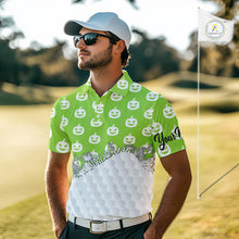 Load image into Gallery viewer, Personalized funny green pumpkin Halloween pattern mens golf polo shirts best mens golf wears NQS10316