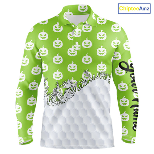 Personalized funny green pumpkin Halloween pattern mens golf polo shirts best mens golf wears NQS10316