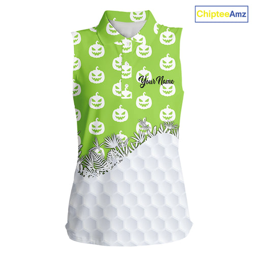 Personalized green pumpkin Halloween pattern Women sleeveless golf polo shirts best ladies golf wears NQS10316