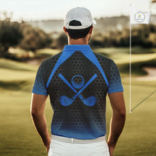 Load image into Gallery viewer, Mens golf polo shirts custom black and blue hexagon pattern golf outfits men, cool golf gifts NQS10317