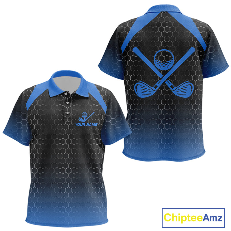Kid golf polo shirts custom black and blue hexagon pattern golf outfits Kid, cool golf gifts NQS10317