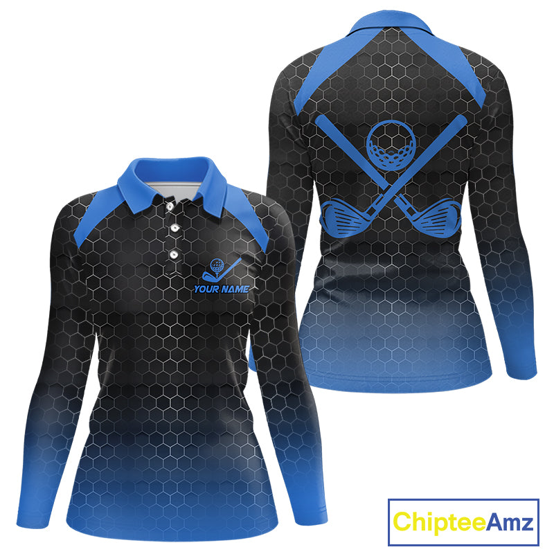 Women golf polo shirts custom black and blue hexagon pattern golf outfits ladies, cool golf gifts NQS10317