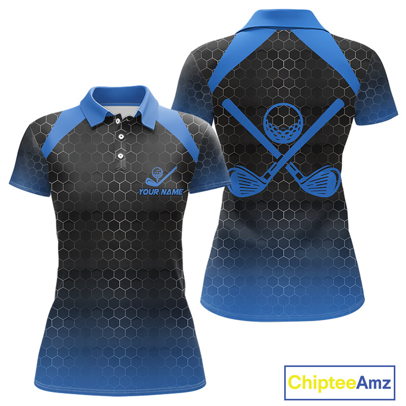 Women golf polo shirts custom black and blue hexagon pattern golf outfits ladies, cool golf gifts NQS10317