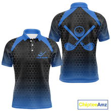 Load image into Gallery viewer, Mens golf polo shirts custom black and blue hexagon pattern golf outfits men, cool golf gifts NQS10317