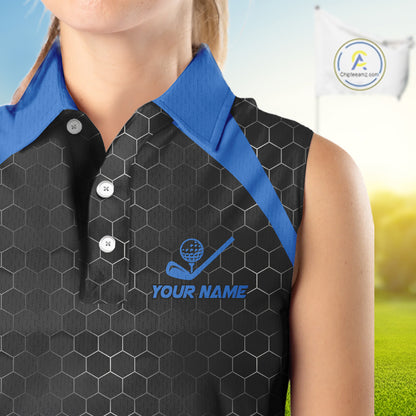 Women sleeveless polo shirt custom black and blue hexagon pattern golf outfits ladies, cool golf gift NQS10317