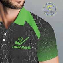 Load image into Gallery viewer, Mens golf polo shirts custom black and green hexagon pattern golf outfits men, cool golf gifts NQS10318