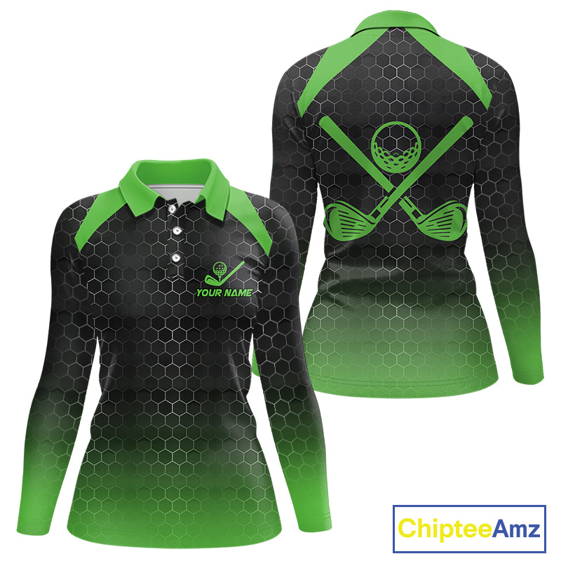 Women golf polo shirts custom black and green hexagon pattern golf outfits ladies, cool golf gifts NQS10318
