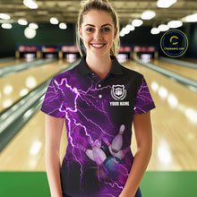 Load image into Gallery viewer, Women bowling polo shirts Custom purple lightning thunder Bowling Team Jersey, gift for team Bowlers NQS6220