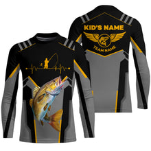 Load image into Gallery viewer, Personalized Black Walleye Fishing jerseys, Team Walleye Fishing Long Sleeve tournament shirts| Yellow NQS6223