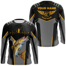 Load image into Gallery viewer, Personalized Black Walleye Fishing jerseys, Team Walleye Fishing Long Sleeve tournament shirts| Yellow NQS6223