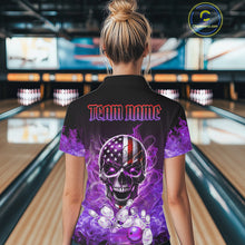 Load image into Gallery viewer, Purple Flame Smoke American Flag Eagle Skull Women Bowling Shirt Custom Patriotic Bowling Team Jersey NQS10525