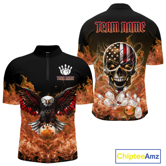 Orange Flame Smoke American Flag Eagle Skull Mens Bowling Shirts Custom Patriotic Bowling Team Jersey NQS10526
