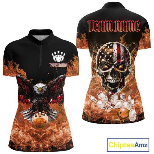 Orange Flame Smoke American Flag Eagle Skull Women Bowling Shirt Custom Patriotic Bowling Team Jersey NQS10526