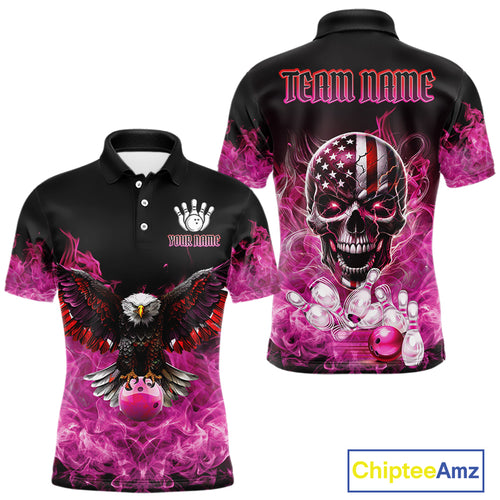 Pink Flame Smoke American Flag Eagle Skull Mens Bowling Shirts Custom Patriotic Bowling Team Jersey NQS10527