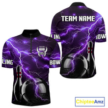 Load image into Gallery viewer, Purple Lightning Thunder Black Bowling Polo, 1/4 zip Shirt for Men custom storm bowling team jerseys NQS10528
