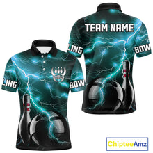 Load image into Gallery viewer, Cyan Blue Lightning Thunder Black Bowling Polo, 1/4 zip Shirt for Men custom bowling team jerseys NQS10529