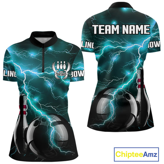 Cyan Blue Lightning Thunder Black Bowling Polo, 1/4 zip Shirt for Women custom bowling team jersey NQS10529