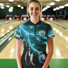 Load image into Gallery viewer, Cyan Blue Lightning Thunder Black Bowling Polo, 1/4 zip Shirt for Women custom bowling team jersey NQS10529