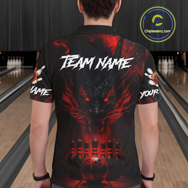 Black And Red Dragon Bowling Shirts For Men Custom Dragon Bowling League Shirts Outfits NQS10948