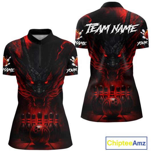 Black And Red Dragon Bowling Shirts For Women Custom Dragon Bowling League Shirts Outfits NQS10948