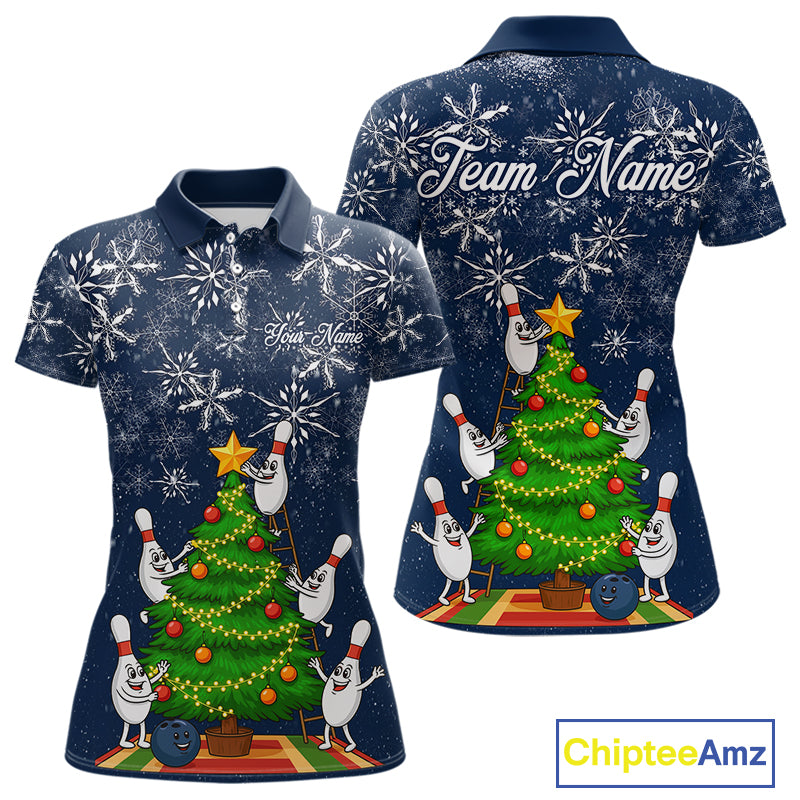 Funny Christmas Tree snowflake Bowling shirts for Women Custom Xmas Bowling outfits for women | Navy NQS10951
