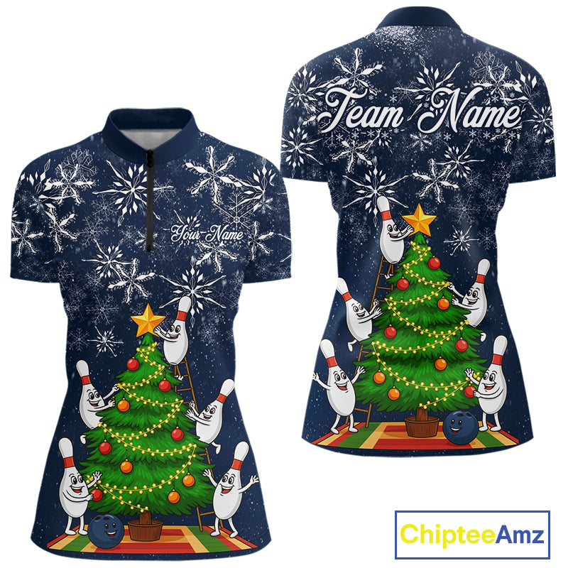 Funny Christmas Tree snowflake Bowling shirts for Women Custom Xmas Bowling outfits for women | Navy NQS10951