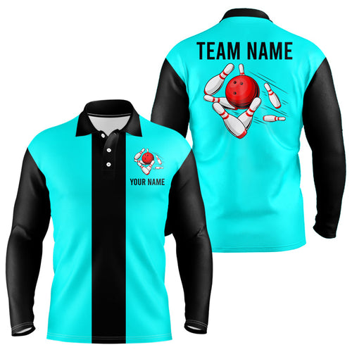 Personalized Cyan Blue and Black Retro Bowling Shirts For Men custom vintage bowling team jerseys NQS9046