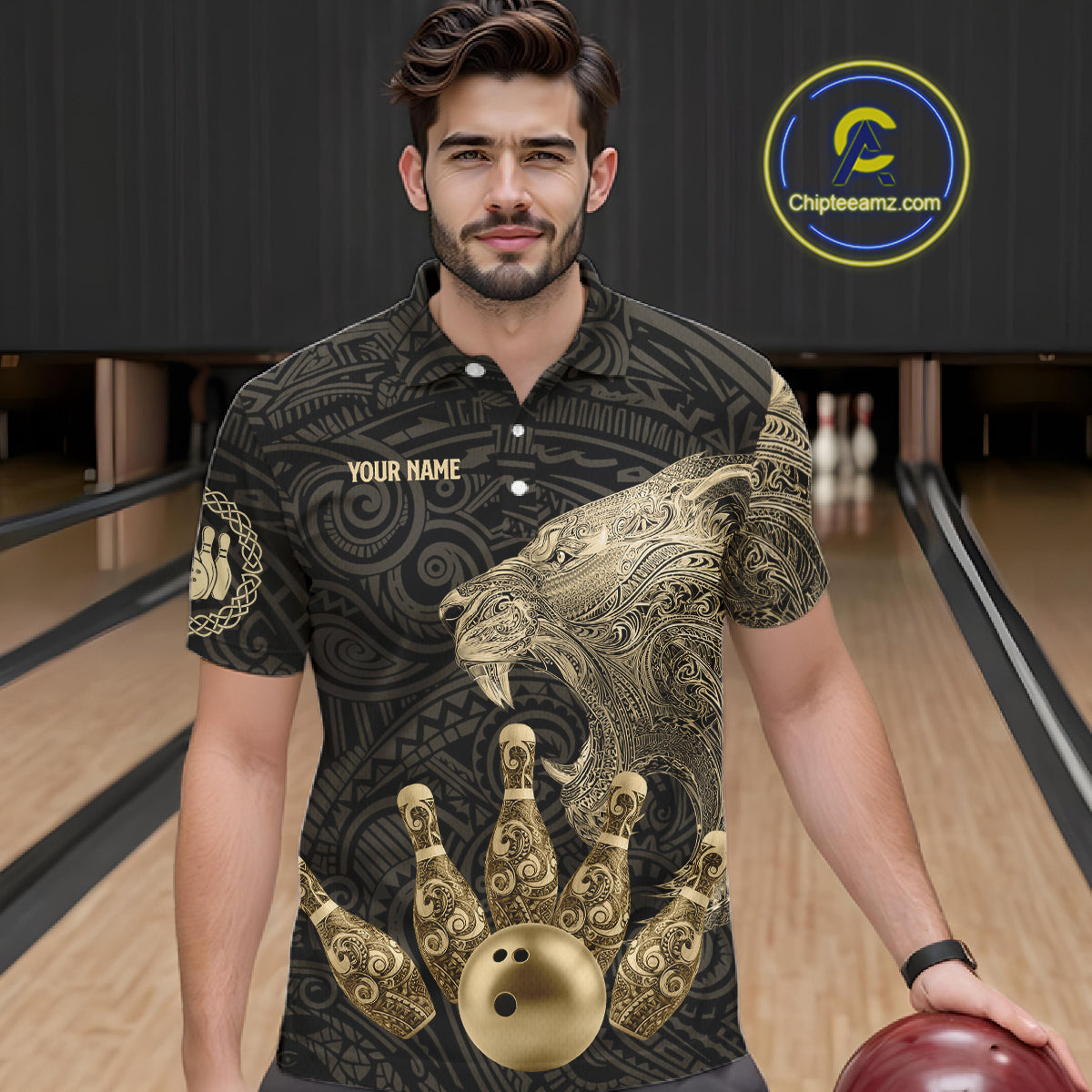 Black and Gold Lion Tribal Bowling Polo, 1/4 Zip Shirts For Men Custom Retro Bowling Team Jerseys NQS11149