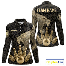 Load image into Gallery viewer, Black and Gold Lion Tribal Bowling Polo, 1/4 Zip Shirts For Women Custom Retro Bowling Team Jerseys NQS11149