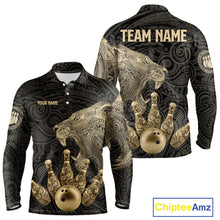 Load image into Gallery viewer, Black and Gold Lion Tribal Bowling Polo, 1/4 Zip Shirts For Men Custom Retro Bowling Team Jerseys NQS11149