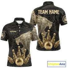 Load image into Gallery viewer, Black and Gold Lion Tribal Bowling Polo, 1/4 Zip Shirts For Men Custom Retro Bowling Team Jerseys NQS11149