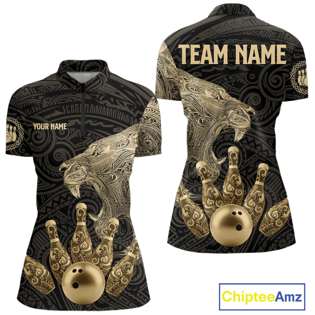 Black and Gold Lion Tribal Bowling Polo, 1/4 Zip Shirts For Women Custom Retro Bowling Team Jerseys NQS11149