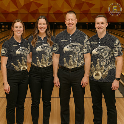 Black and Gold Eagle Tribal Bowling Polo, 1/4 Zip Shirts For Men Custom Retro Bowling Team Jerseys NQS11150