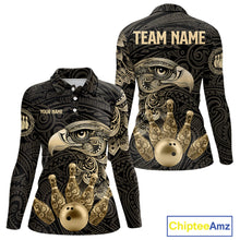 Load image into Gallery viewer, Black and Gold Eagle Tribal Bowling Polo, 1/4 Zip Shirts For Women Custom Retro Bowling Team Jerseys NQS11150