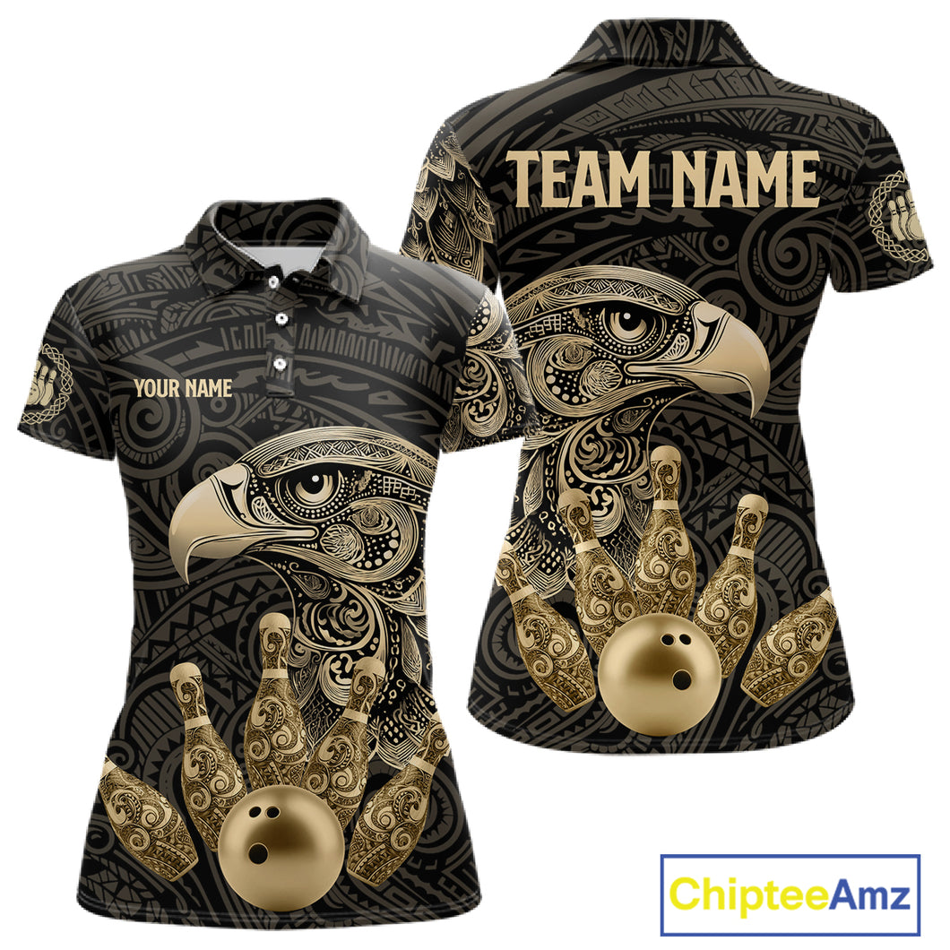 Black and Gold Eagle Tribal Bowling Polo, 1/4 Zip Shirts For Women Custom Retro Bowling Team Jerseys NQS11150