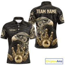 Load image into Gallery viewer, Black and Gold Eagle Tribal Bowling Polo, 1/4 Zip Shirts For Men Custom Retro Bowling Team Jerseys NQS11150