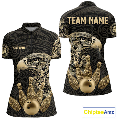 Black and Gold Eagle Tribal Bowling Polo, 1/4 Zip Shirts For Women Custom Retro Bowling Team Jerseys NQS11150