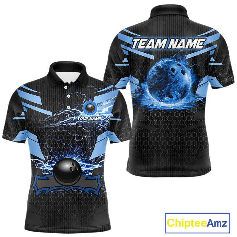 Black and Blue Lightning Thunder Bowling Shirts For Men Custom Bowling Team Jerseys, Gift For Bowlers NQS11140