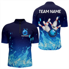 Load image into Gallery viewer, Blue Flame Fire Bowling Polo, Quarter Zip Shirts for Men Custom Bowling Team jerseys, Bowling Outfits NQS9285