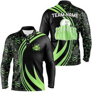 Black Mens bowling Polo shirt Custom Green neon team league bowling jerseys, gifts for bowlers NQS7535