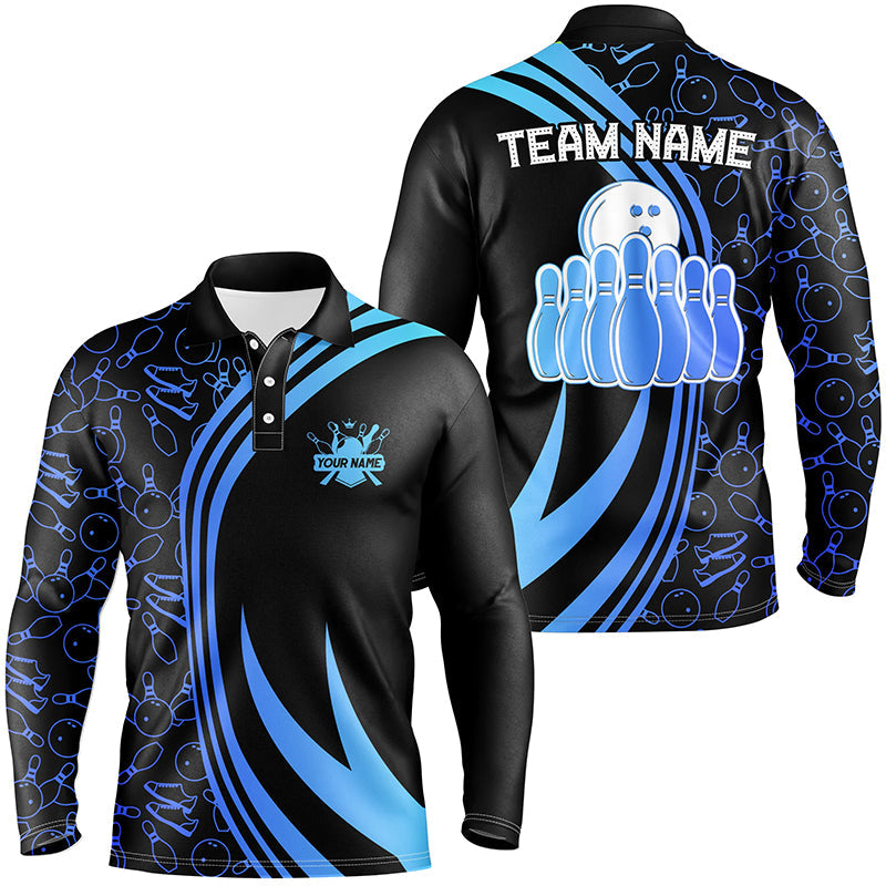 Black Mens bowling shirts Custom Blue neon team league bowling jerseys, gifts for bowlers NQS7537