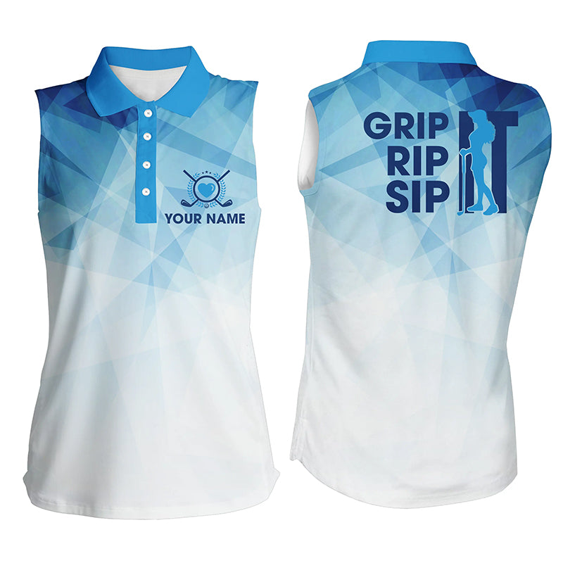 Funny Women sleeveless polo shirt grip it rip it sip it, custom womens golf tanks | Blue NQS5572