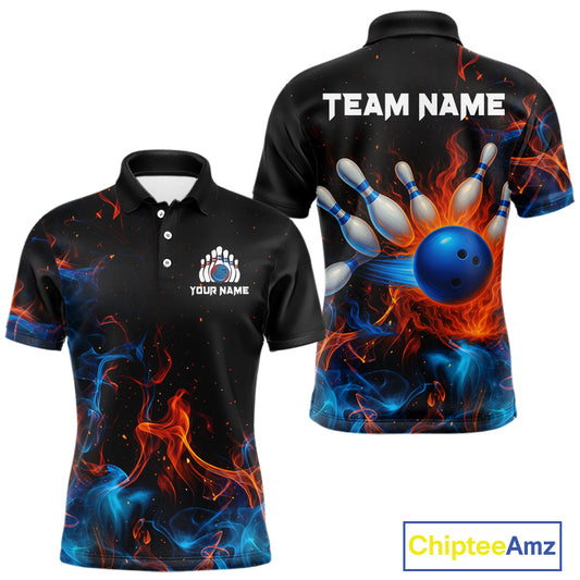 Blue and Orange Flame Bowling Polo, Quarter Zip Shirts for Men Custom Team bowling outfit uniform NQS10026