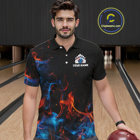 Blue and Orange Flame Bowling Polo, Quarter Zip Shirts for Men Custom Team bowling outfit uniform NQS10026