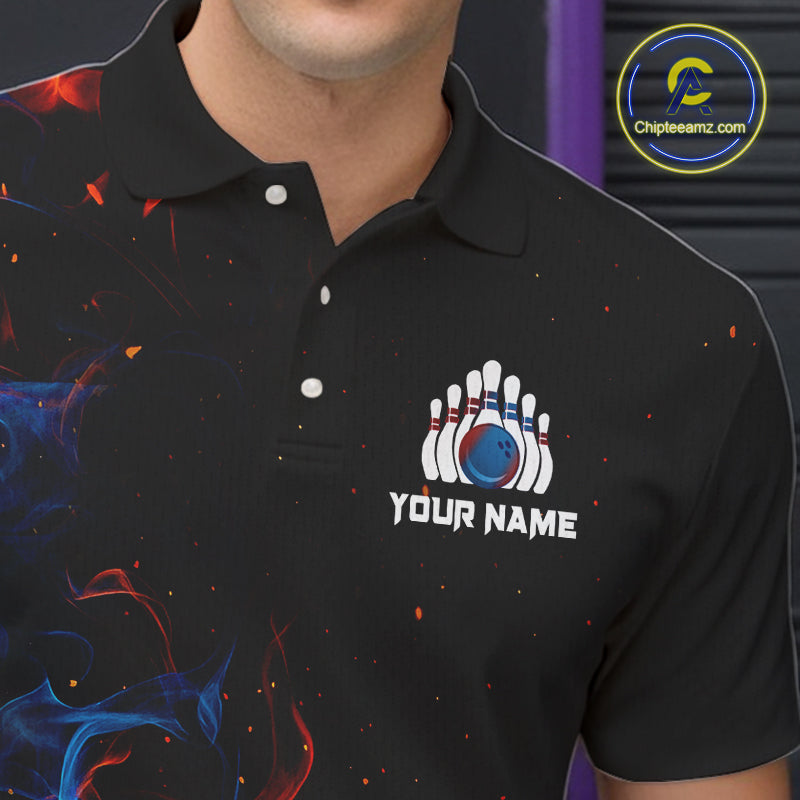 Blue and Orange Flame Bowling Polo, Quarter Zip Shirts for Men Custom Team bowling outfit uniform NQS10026