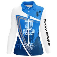 Load image into Gallery viewer, Womens disc golf polo shirt custom name blue disc golf basket, personalized disc golf shirts NQS7931