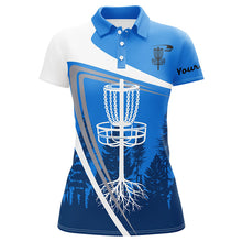 Load image into Gallery viewer, Womens disc golf polo shirt custom name blue disc golf basket, personalized disc golf shirts NQS7931