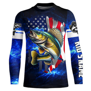 Walleye Fishing 3D American Flag patriotic blue galaxy Custom Walleye long sleeve Fishing Shirts NQS7935