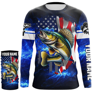 Walleye Fishing 3D American Flag patriotic blue galaxy Custom Walleye long sleeve Fishing Shirts NQS7935