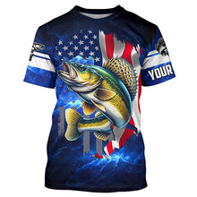 Load image into Gallery viewer, Walleye Fishing 3D American Flag patriotic blue galaxy Custom Walleye long sleeve Fishing Shirts NQS7935